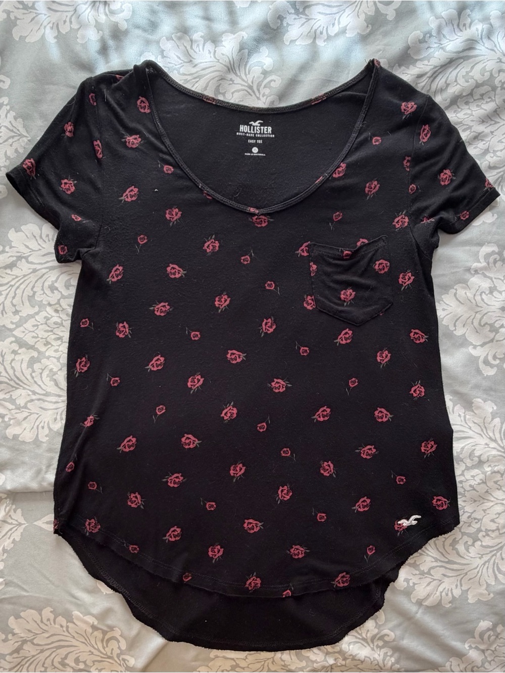 Hollister Black Short Sleeve Tee with Red Floral Print